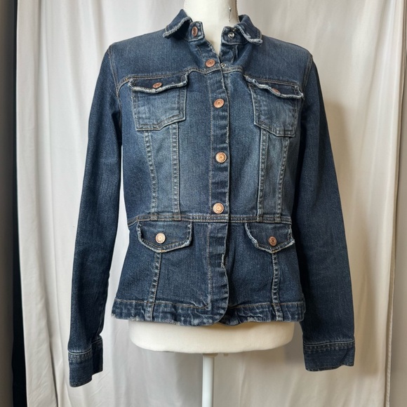 Old Navy Blue Jean Jacket Fitted Tailored Style with Distressing Sz Large - Picture 8 of 11